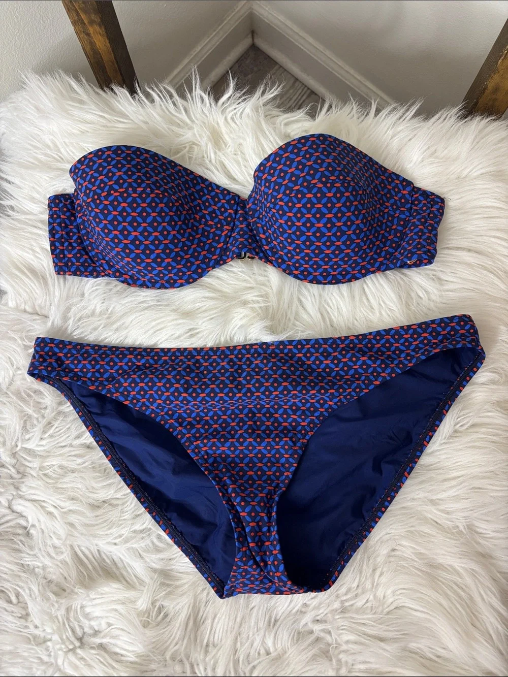 Tory Burch Blue Bandeau Bikini with Red Geo Print Size M